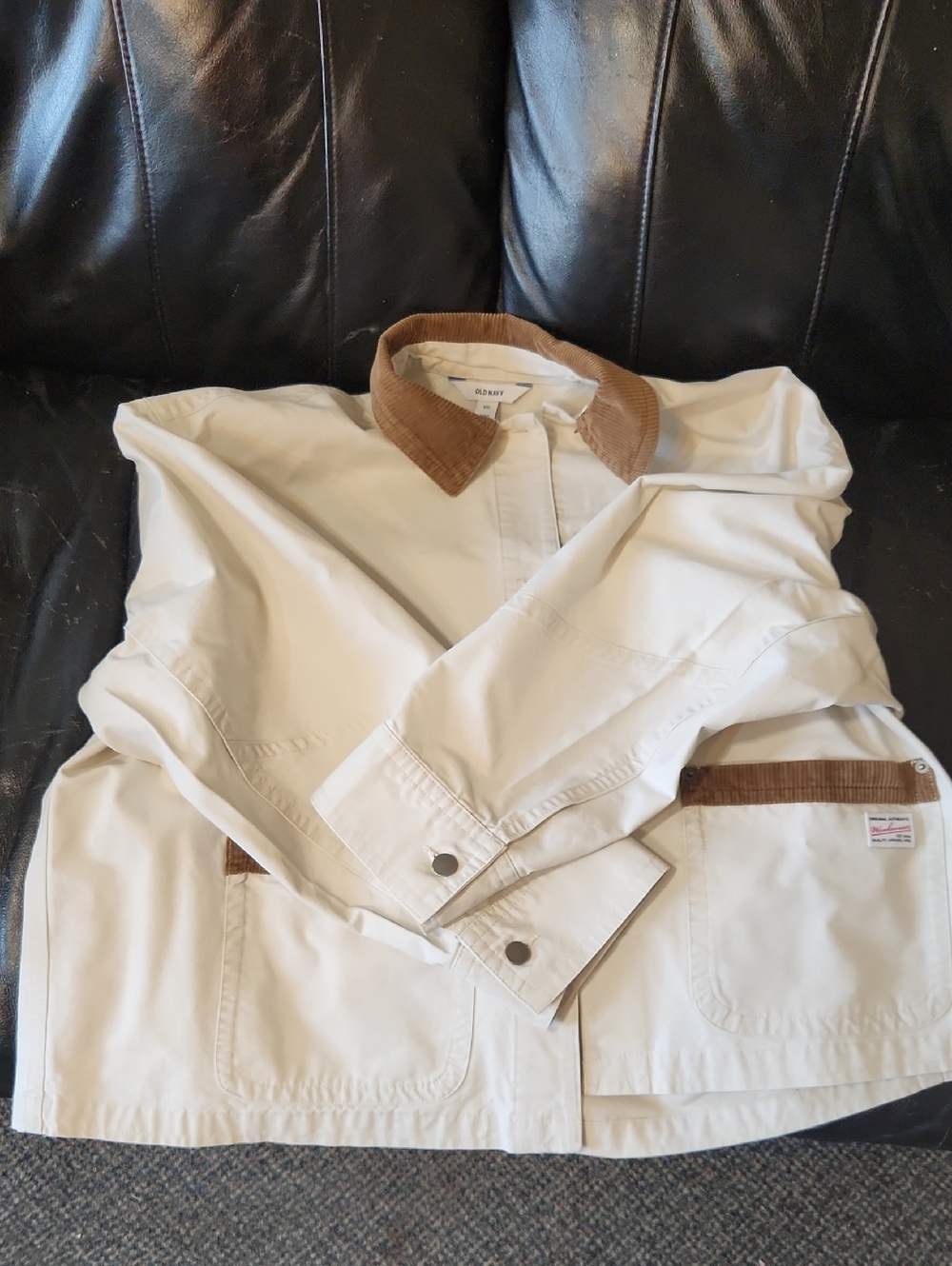Old Navy Men's Cream Jacket with Brown Corduroy Trim